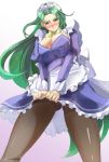  1girl alternate_costume blush bow breasts commentary_request embarrassed enmaided green_hair hair_intakes large_breasts maid maid_headdress mima panties panties_under_pantyhose pantyhose skirt skirt_tug solo touhou touhou_(pc-98) underwear yohane 