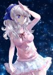  1girl blue_eyes casual charlotte_(anime) eroriru long_hair night night_sky ponytail silver_hair sky tomori_nao 