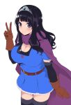  1girl belt black_hair blush breasts cape circlet cleavage dragon_quest dragon_quest_iii gloves hanauna hero-chan_(hanauna) heroine_(dq3) highres large_breasts long_hair looking_at_viewer roto simple_background smile solo sweat sweatdrop thigh-highs v violet_eyes white_background zettai_ryouiki 