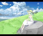  1girl alternate_costume alternate_headwear barefoot border clouds dress eyeball full_body green_eyes green_hair hat hat_ribbon highres komeiji_koishi looking_at_viewer ribbon rock shirokku_(shirock8) sitting sky sleeveless solo straw_hat string third_eye touhou white_dress 