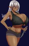  1girl bare_shoulders blue_background breasts cleavage dagger dark_elf dark_skin elf gigantic_breasts highres kloah looking_at_viewer midriff pink_eyes pointy_ears short_shorts shorts simple_background solo thighs under_boob weapon 