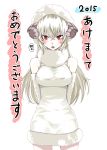  1girl animal_costume animal_ears arms_behind_back blonde_hair breasts detached_sleeves dress horns looking_at_viewer open_mouth original red_eyes sheep_costume sheep_ears sheep_horns simon_(n.s_craft) solo standing white_dress 