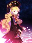  1girl black_dress blonde_hair chinese_clothes dress hat junko_(touhou) long_hair long_sleeves nr_(cmnrr) open_mouth red_eyes sash smile solo tabard touhou wavy_hair wide_sleeves 
