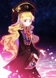  1girl black_dress blonde_hair chinese_clothes dress hat junko_(touhou) long_hair long_sleeves nr_(cmnrr) open_mouth red_eyes sash smile solo tabard touhou wavy_hair wide_sleeves 