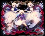  3girls blue_n boots cherry_blossoms copyright_name dress fate/stay_night fate_(series) hair_between_eyes halberd holding holding_weapon illyasviel_von_einzbern kai-ri-sei_million_arthur leysritt leystritt long_hair maid multiple_girls open_mouth polearm purple_boots red_eyes sella short_hair silver_hair smile snowflakes watermark weapon 