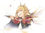  &gt;:d 1girl :d blonde_hair bracer cagliostro_(granblue_fantasy) granblue_fantasy hairband hanarito long_hair open_mouth simple_background smile solo sparkle upper_body violet_eyes white_background 