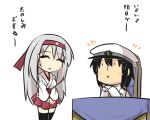  1boy 1girl :x admiral_(kantai_collection) bandaged_fingers blush_stickers commentary desk gomasamune hands_clasped hat headband japanese_clothes kantai_collection shoukaku_(kantai_collection) thigh-highs translated uniform 