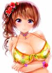  1girl absurdres bikini blush breast_hold breasts brown_hair cleavage floral_print flower frilled_bikini frills front-tie_top hair_flower hair_ornament hibiscus highres huge_filesize jewelry koshika_rina large_breasts long_hair looking_at_viewer necklace original print_bikini side_ponytail simple_background smile solo strap_gap swimsuit violet_eyes white_background wrist_cuffs 