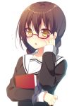  1girl adjusting_glasses blush book braid brown_eyes brown_hair flying_sweatdrops glasses long_hair original sakura_yuzuna school_uniform serafuku solo twin_braids 