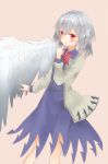  1girl blush dress finger_to_mouth highres kishin_sagume long_sleeves looking_away purple_dress red_eyes short_hair silver_hair simple_background single_wing slit_pupils smile solo toto_(nyky831018/) touhou vest wings 