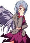  1girl covering_mouth dress hand_over_own_mouth jacket kishin_sagume red_eyes short_hair silver_hair single_wing tendo touhou wings 