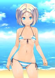  1girl bangs beach bikini blonde_hair blue_eyes contrapposto cowboy_shot kinoshita_ichi looking_at_viewer navel outdoors parted_bangs shiny shiny_skin side-tie_bikini smile solo string_bikini striped striped_bikini striped_swimsuit swimsuit two_side_up 