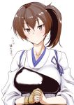  1girl bad_hands blush breasts brown_eyes brown_hair fue_(rhomphair) hair_between_eyes hands_clasped hands_together japanese_clothes kaga_(kantai_collection) kantai_collection large_breasts long_hair looking_at_viewer muneate own_hands_together ribbon side_ponytail simple_background solo tasuki translation_request upper_body white_background yugake 