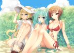  3girls alternate_hairstyle aqua_hair bikini blonde_hair blue_eyes bracelet breasts brown_eyes brown_hair bush ceru clouds dress food_in_mouth hand_on_headwear hat hatsune_miku high_heels jewelry large_breasts lily_(vocaloid) long_hair looking_at_viewer meiko multiple_girls popsicle red_bikini ribbon shell short_hair sitting sky smile summer sun_hat sundress swimsuit transparent twintails vocaloid white_dress 