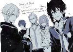  5boys blue_eyes copyright_name dance_with_devils dutch_angle flower kaginuki_rem male_focus monochrome multiple_boys nanashiro_mage natsumezaka_shiki necktie official_art red_eyes rejet rose samako school_uniform simple_background sogami_urie spot_color tachibana_lind text white_background yellow_eyes 