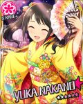  black_hair blush character_name closed_eyes fan idolmaster idolmaster_cinderella_girls kimono long_hair nakano_yuka smile stars twintails 