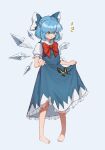 1girl absurdres ao_to_ao_no_kegawa_no_kemono bangs barefoot blue_background blue_bow blue_dress blue_eyes blue_hair bow bowtie bug butterfly butterfly_wings buttons cirno collar collared_shirt dress eyebrows_visible_through_hair full_body hair_between_eyes hands_up highres ice ice_wings looking_down open_mouth puffy_short_sleeves puffy_sleeves red_bow red_bowtie shirt short_hair short_sleeves simple_background solo standing touhou white_bow white_shirt wings 