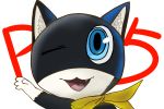  blue_eyes cat commentary_request fang mask morgana_(persona_5) no_humans one_eye_closed persona persona_5 scarf 
