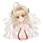  1girl ahoge blonde_hair blush breasts cleavage fate/extra fate/extra_ccc fate_(series) looking_at_viewer lunchicken saber_bride saber_extra simple_background solo sweatdrop upper_body white_background yellow_eyes 