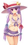  1girl alternate_hairstyle alternate_headwear bikini blush bow bracelet breast_rest breasts colored crescent frilled_bikini frills hair_bow hair_ornament hat hat_ribbon jewelry kuresento long_hair looking_at_viewer low_twintails matsuri_uta midriff navel necklace panties patchouli_knowledge pink_eyes purple_bikini purple_hair ribbon simple_background solo swimsuit touhou twintails underwear white_background 