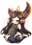  1girl arm_behind_back arulumaya bare_shoulders black_hair black_legwear brown_eyes covered_navel crescent granblue_fantasy hat leaning_back leotard long_hair mole mole_under_eye open_mouth pointy_ears seiza simple_background sitting smile solo thigh-highs ukan_muri white_background 