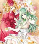  2girls blonde_hair blue_eyes bonnet bow clair_vaux_bernardus cup dress drill_hair gaap green_hair hat highres macaron mini_top_hat mizuno_eita multiple_girls official_art pastry red_dress smile teacup teapot top_hat umineko_no_naku_koro_ni underbust white_dress 