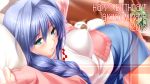  1girl 2015 blue_eyes blue_hair blush braid breasts cardigan cat character_name hair_intakes happy_birthday highres kanon lips long_hair lying minase_akiko on_side open_mouth pillow shirt skirt solo very_long_hair zen 