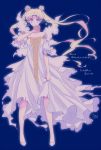  1girl 2015 bare_shoulders bishoujo_senshi_sailor_moon blonde_hair blue_background blue_eyes brooch dated double_bun dress jewelry long_hair saki_(hxaxcxk) shoes simple_background solo standing tsukino_usagi twintails white_dress white_shoes 