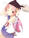  &gt;_o 1girl 3; animal_hat backpack bag ear_pull gakkou_gurashi! hat highres one_eye_closed pink_eyes pink_hair school_uniform serafuku short_hair shouin simple_background takeya_yuki 