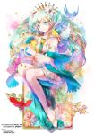  1girl angel_wings aqua_eyes aqua_hair bird detached_sleeves flower hair_flower hair_ornament harp hatsune_miku highres instrument long_hair skirt solo thigh-highs twintails vocaloid wings yuu_(arcadia) 