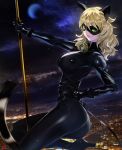  1girl animal_ears ass black_gloves blonde_hair bodysuit chat_noir felix_(miraculous_ladybug) genderswap gloves green_eyes high_heels latex_gloves mask miraculous_ladybug night night_sky pole_dancing sky yang-do 