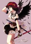  1girl badge bag black_hair black_wings brown_gloves cibo_(killy) feathers frilled_skirt frills gloves leaf parted_lips red_eyes scabbard shameimaru_aya sheath shirt short_sleeves simple_background skirt sword teeth touhou weapon white_shirt wings 