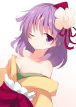  1girl bare_shoulders beni_shake breasts cleavage flower hair_flower hair_ornament hieda_no_akyuu japanese_clothes kimono kimono_pull looking_at_viewer off_shoulder one_eye_closed purple_hair sash solo touhou upper_body violet_eyes 
