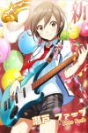  1girl artist_request balloon bass_guitar brown_eyes brown_hair card_(medium) character_name collared_shirt confetti guitar holding instrument jacket loose_necktie necktie official_art playing_instrument seto_ferb shirt short_hair shorts solo tokyo_7th_sisters white_shirt wristband 