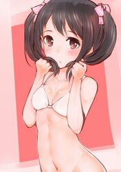  1girl black_hair bra breasts brown_eyes highres idolmaster idolmaster_cinderella_girls long_hair looking_at_viewer nakano_yuka navel smile solo twintails underwear yummy_yoi 