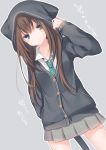  1girl animal_hood blush brown_hair cardigan cat_hood green_eyes hood idolmaster idolmaster_cinderella_girls kasu_(return) long_hair looking_at_viewer necktie school_uniform shibuya_rin solo 