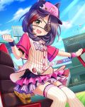  1girl artist_request baseball_cap baseball_stadium blush brown_eyes clouds eyepatch fang hat hayasaka_mirei idolmaster idolmaster_cinderella_girls long_hair looking_at_viewer official_art purple_hair short_hair skirt smile thigh-highs wristband 