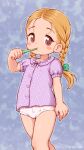  1girl blonde_hair blurry blurry_background blush_stickers bow braid brushing_teeth buttons child dot_nose female_child frilled_sleeves frills green_bow hair_bow hand_up holding holding_toothbrush legs long_hair looking_at_viewer no_pants original pajamas panties polka_dot polka_dot_pajamas puffy_cheeks purple_background purple_pajamas red_eyes short_sleeves skhorosho solo thighs toothbrush twin_braids underwear white_panties 