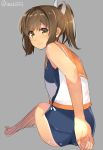  1girl bare_shoulders brown_eyes brown_hair i-401_(kantai_collection) isshiki_(ffmania7) kantai_collection looking_back one-piece_swimsuit ponytail sailor_collar school_swimsuit school_uniform short_hair short_ponytail sketch smile solo swimsuit swimsuit_under_clothes tan tanline 