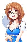  1girl araki_hina brown_eyes brown_hair glasses idolmaster idolmaster_cinderella_girls messy_hair open_mouth smile solo translation_request yuuhi_(at-speakeasy) 