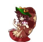  1girl animal_ears bag bell blouse blush breasts brown_eyes brown_hair futatsuiwa_mamizou hair_bell hair_ornament hand_gesture handbag leaf leaf_on_head looking_at_viewer raccoon_ears raccoon_tail short_hair shoulder_pads skirt socha solo tail teeth touhou 