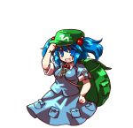  1girl :d backpack bag blouse blue_eyes blue_hair blush breasts hair_bobbles hair_ornament hat hat_tip kawashiro_nitori key open_mouth round_teeth skirt skirt_set smile socha solo strap_cleavage touhou two_side_up 