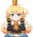  1girl blonde_hair blue_eyes blush charlotte_(granblue_fantasy) crown double_v fooyuta gauntlets granblue_fantasy long_hair looking_at_viewer pointy_ears simple_background smile solo v white_background 