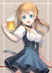  1girl alcohol beer beer_mug blonde_hair blue_eyes breasts character_name cleavage dirndl dress german_clothes hyuuga_azuri iron_cross kantai_collection long_hair looking_at_viewer oktoberfest prinz_eugen_(kantai_collection) smile solo twintails underbust 