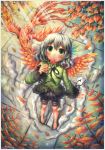  :o ahoge artist_name autumn_leaves barefoot bird blush border candy emperpep fantasy feathers from_above green_eyes grey_hair hair_feathers hair_ornament highres lollipop long_sleeves looking_up nail_polish original phoenix phoenix_wings ribbon tile_floor tiles traditional_media watercolor_(medium) 