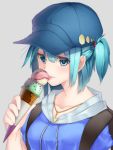  1girl adapted_costume alternate_costume backpack bag blue_eyes blue_hair blush double_scoop dress_shirt eating food green_hair grey_background hair_bobbles hair_ornament hat highres hoodie ice_cream ice_cream_cone jewelry kawashiro_nitori key key_necklace looking_at_viewer necklace shirt short_hair short_sleeves simple_background solo tauta_(meshia8787) tongue tongue_out touhou two_side_up yellow_shirt 