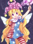  1girl akagashi_hagane american_flag_legwear american_flag_shirt arm_up blonde_hair clownpiece fairy_wings hat jester_cap long_hair looking_at_viewer open_mouth pantyhose print_legwear short_sleeves smile solo star striped touhou very_long_hair violet_eyes wings 