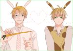  2boys america_(hetalia) animal_ears artist_request axis_powers_hetalia blonde_hair blue_eyes carrot fake_animal_ears glasses green_eyes heart looking_at_another male_focus multiple_boys necktie rabbit_ears shirt short_hair simple_background smile united_kingdom_(hetalia) white_background 