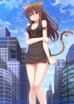  1girl :o airplane animal animal_ears bare_legs bell bird black_dress blue_sky bow breasts brown_hair building cat_ears cat_tail cleavage dress giantess heart highres jingle_bell kazenokaze looking_at_viewer orange_eyes original sky skyscraper sleeveless tail 