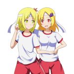  2girls aki_minoriko aki_shizuha alternate_costume blonde_hair breasts cato_(monocatienus) commentary_request flat_chest food fruit grape_hair_ornament grapes gym_shorts gym_uniform hair_ornament hairband holding_hands large_breasts multiple_girls open_mouth pants red_eyes shirt siblings sisters smile touhou yellow_eyes 